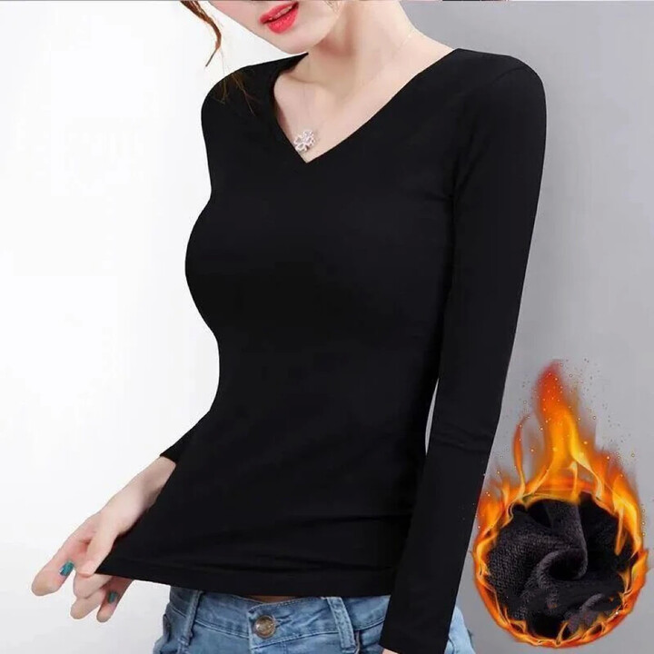 1pcs Women Autumn Winter Long-sleeved T-shirt Lady Thermal Underwear Thick Velvet Slim Fit Fashion New Style V-neck Top