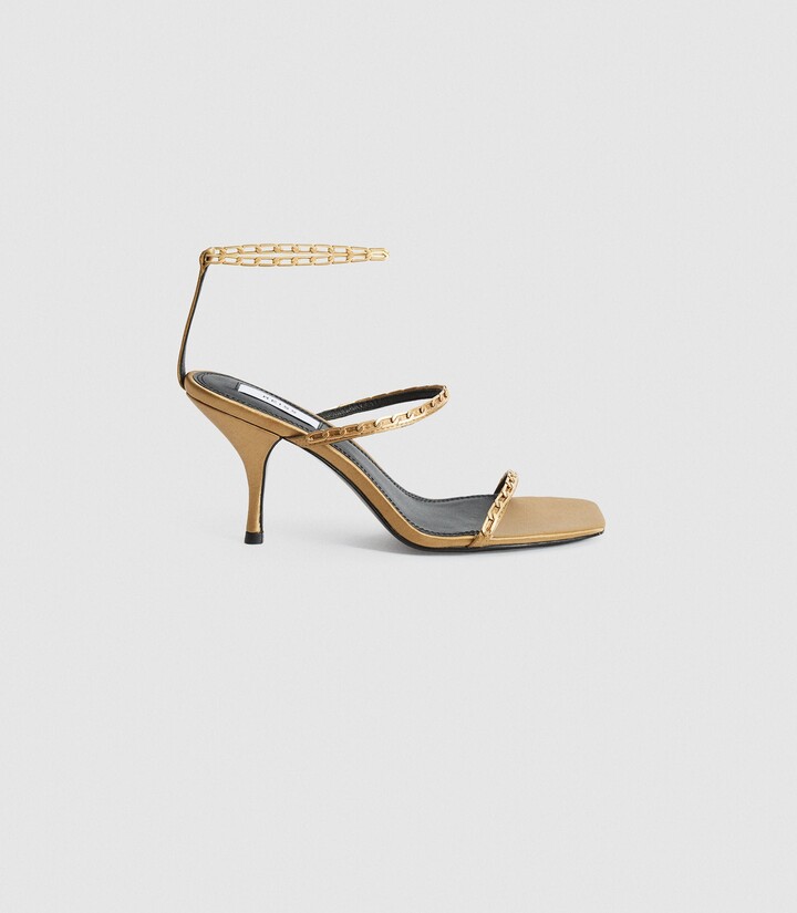 Reiss MAGDA CHAIN SATIN STRAPPY HEELED SANDALS Caramel - ShopStyle