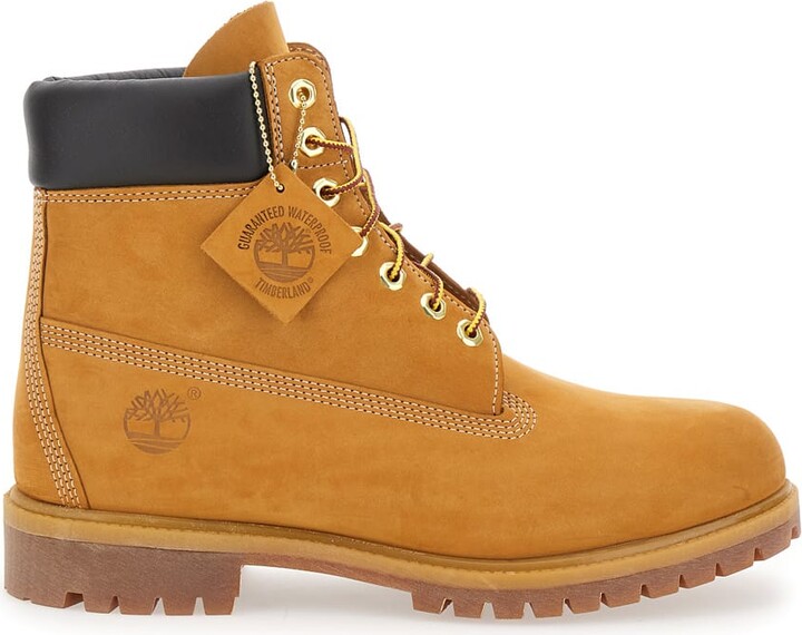 Timberland 'premium' Beige Ankle Boots With Embossed Logo On The Side And Front Lace-up Closure In Leather Man
