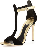 Thumbnail for your product : Brian Atwood B by Leigha Metallic & Suede T-Strap Sandal, Black/Gold