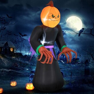 Tangkula 6.5 FT Halloween Inflatable Pumpkin Reaper Giant Blow up Ghost Decoration w/Pumpkin Face Built-in Lights Ground Stakes
