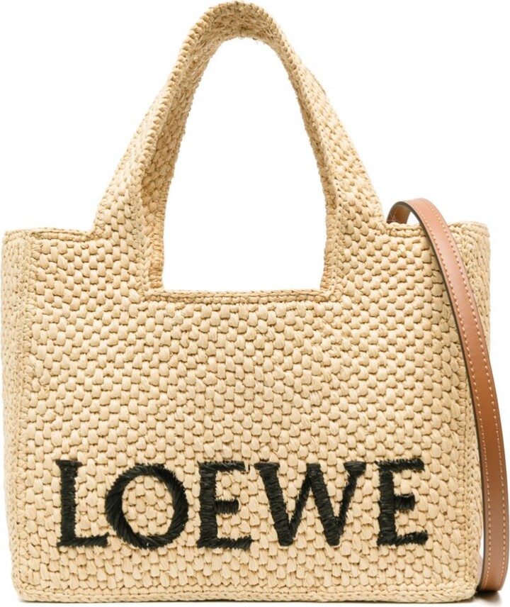 Beige A5 logo-jacquard raffia leather-trim tote bag, LOEWE