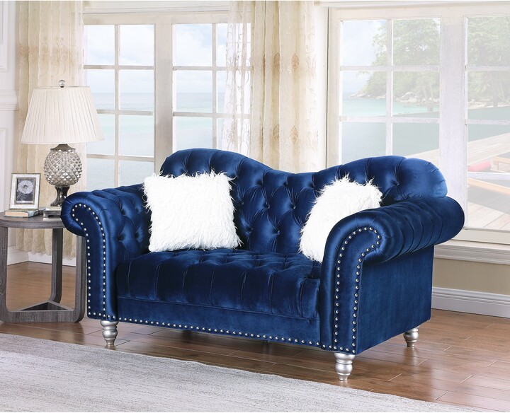 Titanic Furniture Mariann Button Tufted Loveseat in Soft Blue Velvet