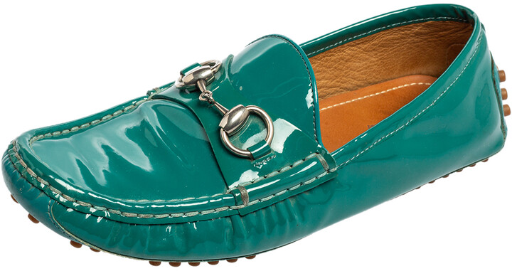 Gucci Teal Green Patent Leather Horsebit Driver Loafers Size 36