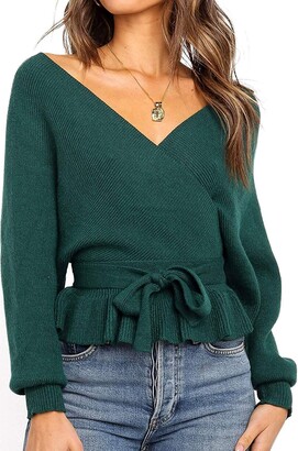 MEROKEETY Womens V Neck Long Batwing Sleeve Knit Pullover Sweaters Oversized Drop Shoulder Ribbed Jumper Tops 
