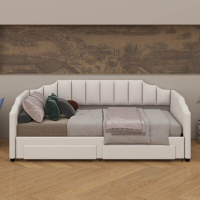 Mercer41 Twin XL Size Extendable Upholstered Daybed (Twin XL To King) – Two Storage Drawers & LED Light Included