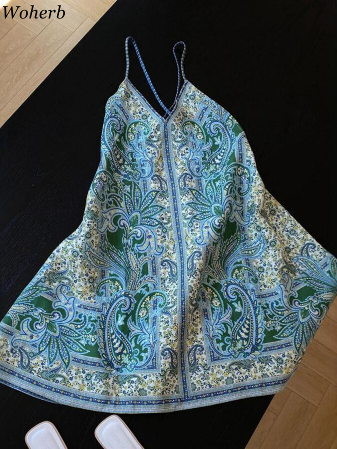 Woherb Bohemian Backless Tanks Women & apos;s Clothing Blue Printing Sling Vest 2025 Ropa Mujer Summer Camis Vintage All Match Fashion Tops