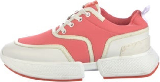 Hermes Giga Low Top Athletic Sneakers Pink Canvas Colorblock Pattern Leather & Rubber Trim Round-Toes with Leather Trim Embellishment Platform Lace-Up Closure at Uppers Designer