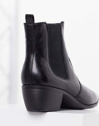ASOS DESIGN cuban heel western chelsea boots in black faux leather with angular sole