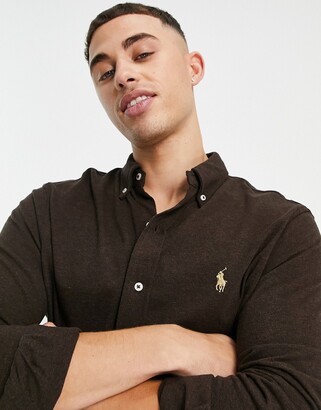 Polo Ralph Lauren icon logo slim fit pique shirt buttondown in brown -  ShopStyle