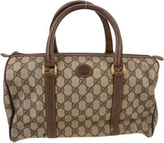 Gucci Top Handle Bag Vintage Brown GG Plus & Interlocking G Logo Gold-Tone Hardware Leather Trim Rolled Handles Leather Trim Embellishment Leather Lining & Single Interior Pocket Zip Closure at Top