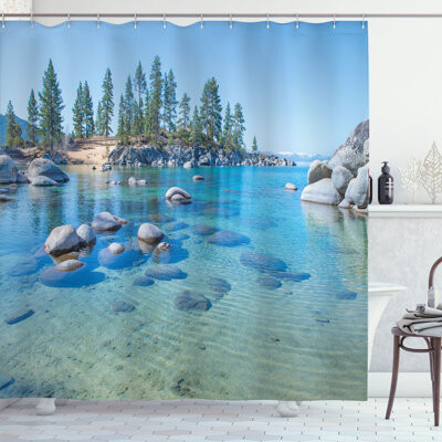 Ambesonne Landscape Shower Curtain Calm Still Water Rocks Blue Grey Green