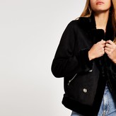 Black faux fur crested button aviator jacket Clearance