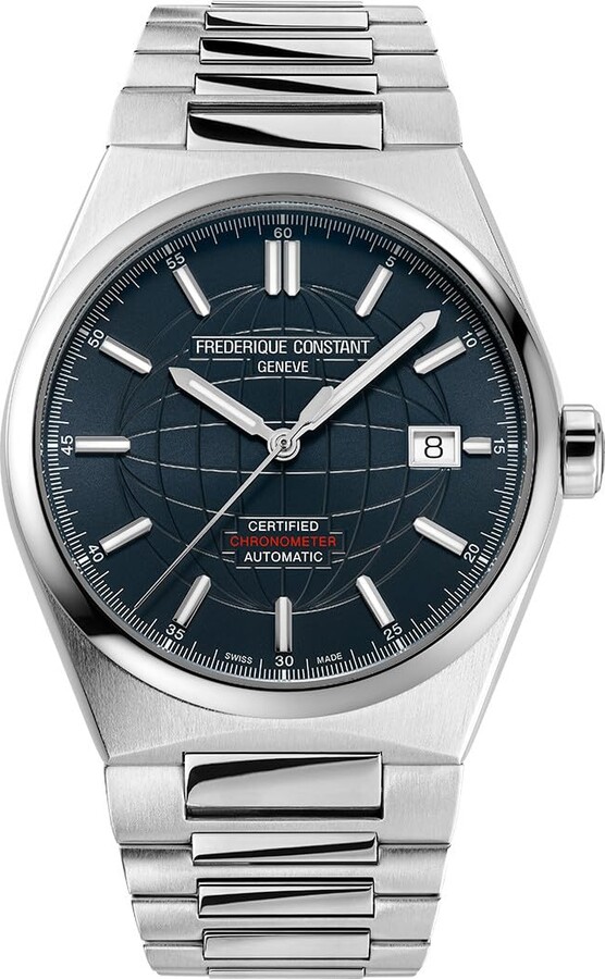 Frederique Constant Mens Swiss Automatic Highlife COSC Silver-Tone Stainless Steel Watch with Bracelet and Additional Navy Rubber Strap