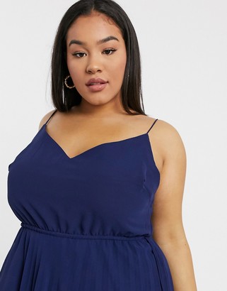 ASOS Curve DESIGN Curve pleated cami midi dress with drawstring waist in navy