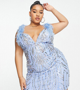 ASOS Luxe Curve embellished gemstone mini dress with faux feathers in blue
