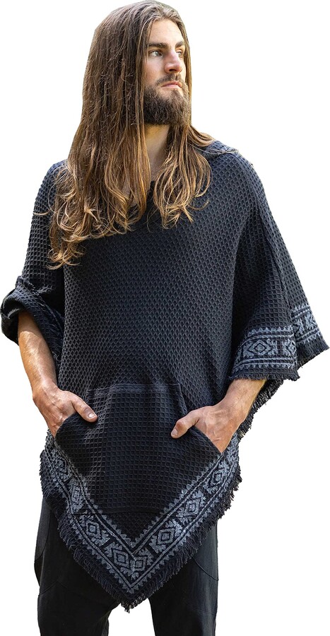 AJJAYA VECHO Black Mens Hooded Vegan Poncho Textured Cotton with Hood ...