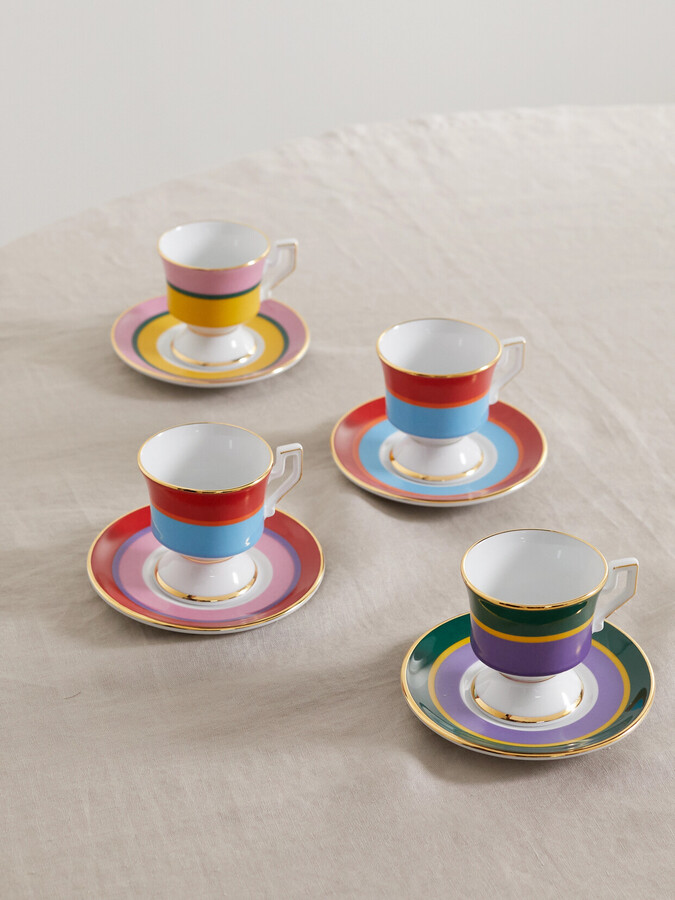 La DoubleJ - Set Of Four Gold-plated Porcelain Espresso Cups And Saucers - Pink