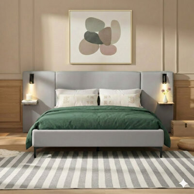 Chic Linen-Upholstered Queen Bed With Integrated Lighting And Shelves. Grey Finish.