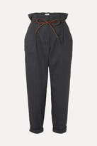 Thumbnail for your product : Brunello Cucinelli Oversized Leather-trimmed Herringbone Cotton-blend Cropped Pants - Gray