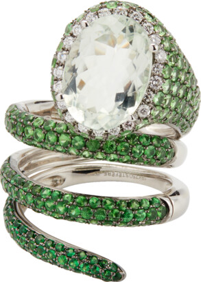 Stéfère White Gold Green Garnet and Green Amethyst Convertible Ring with Diamond Halo, Size 7