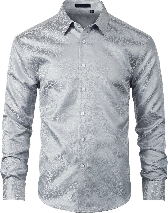 Enlision Men's Silk Shirt Silver Satin Paisley Floral Button Down Dress ...