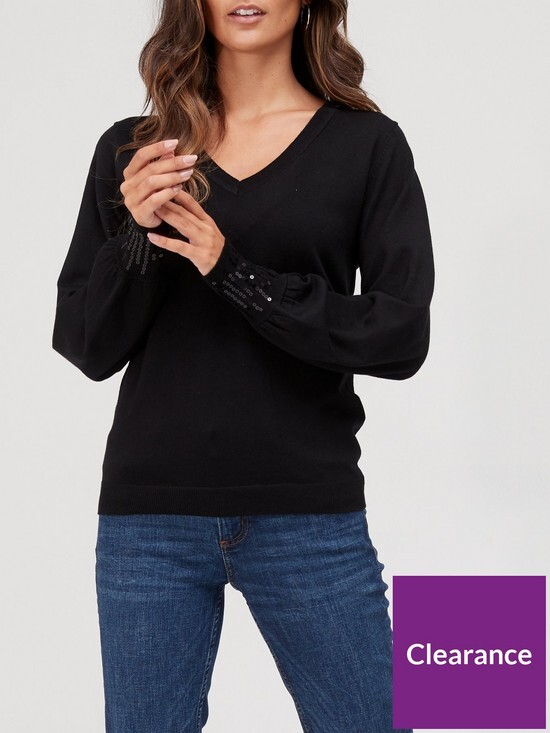 Very Knitted Sequin Cuff V Neck Jumper - Black - ShopStyle