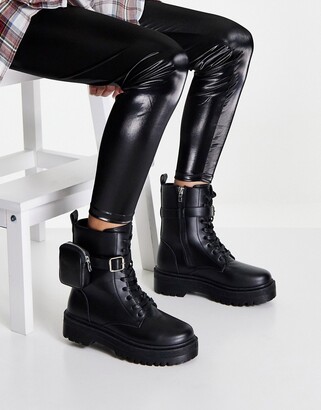 Qupid chunky lace up boots with pouch strap in black