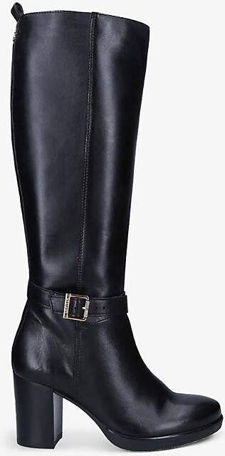 Carvela Womens Black Silver 2 Buckle-Embellished Leather Knee-High Boots Eur 37 / 4 Uk Women