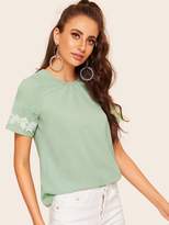 Thumbnail for your product : Shein Contrast Lace Applique Gathered Neck Blouse