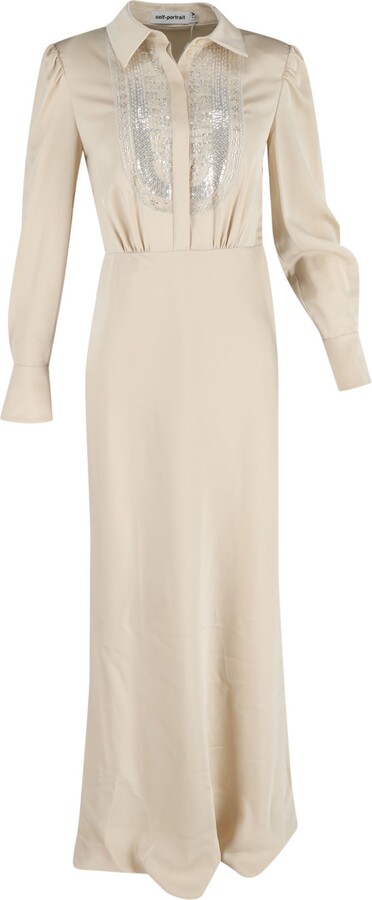 Self-Portrait Embroidered-Design Maxi Dress in Cream Satin