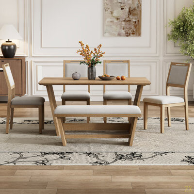 6-Piece Retro Dining Table Set For 6, 60" Wood Kitchen Table And Chairs Set Of 4 With Bench Designed Trestle Base For Kitchen & Dining Room