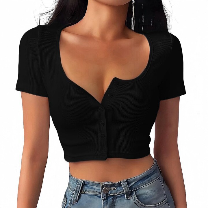 SamHeng Square Neck Crop Tops for Women Short Sleeve Button Down T
