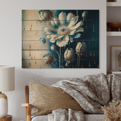 Ice Blue Daisy II - Floral Daisy Wood Wall Decor