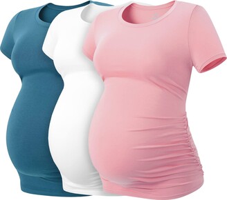 Ecavus Pack 3pcs Womens Maternity Tunic Tops Flattering Side Ruched Pregnancy Shirt 