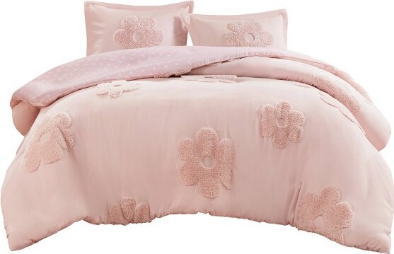 Gracie Mills BellaFloralReversibleTuftedChenilleComforterSetwithFlowerThrowPillow-Full/Queen-Pink