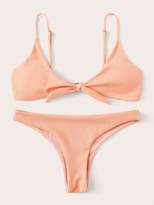 Thumbnail for your product : Shein Tie Front Ribbed Top With Cheeky Bikini Set