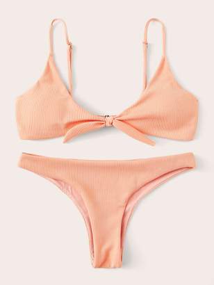 Shein Tie Front Ribbed Top With Cheeky Bikini Set