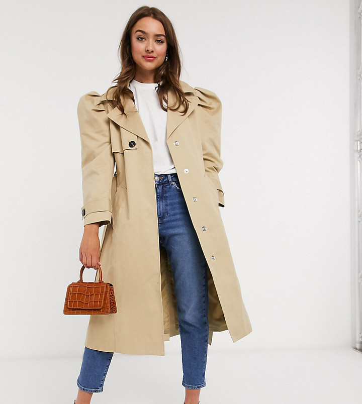 ASOS DESIGN Petite puff sleeve trench coat in stone - ShopStyle