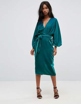 ASOS Design Velvet Plunge Kimono Midi Dress with Tie Waist