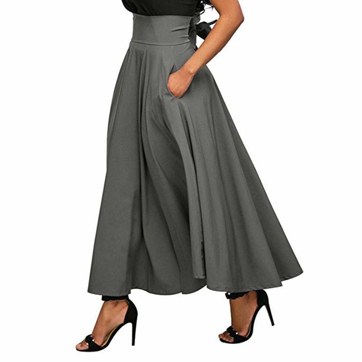 Snaked Cat Womens Solid Vintage Women High Waist Full A Line Pleated Skirt  High Waist Pleated A Line Long Skirt with Pockets - Front Slit Belted Maxi  Skirt (Grey M) - ShopStyle
