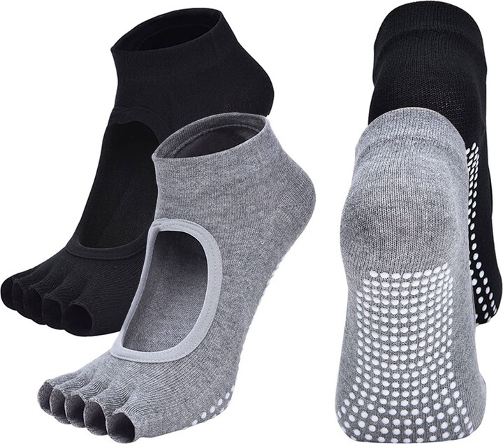 Non Slip Anti Skid Yoga Pilates Hospital Slipper Socks with Gripper Bottoms  Mid Calf 5 Pairs (3 White 2 Maroon)