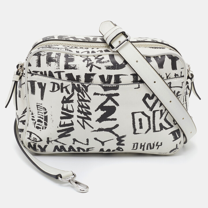DKNY White/Black Graffiti Print Leather Erin Camera Crossbody Bag