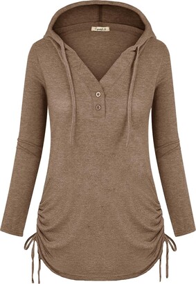 Cyanstyle Women's Long Sleeve Henley V-Neck Button Sweatshirt Tunic Hoodies Casual Pullover with Drawstring Pink Medium