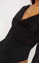 Thumbnail for your product : PrettyLittleThing Black Lightweight Knit Cowl Neck Long Sleeve Thong Bodysuit