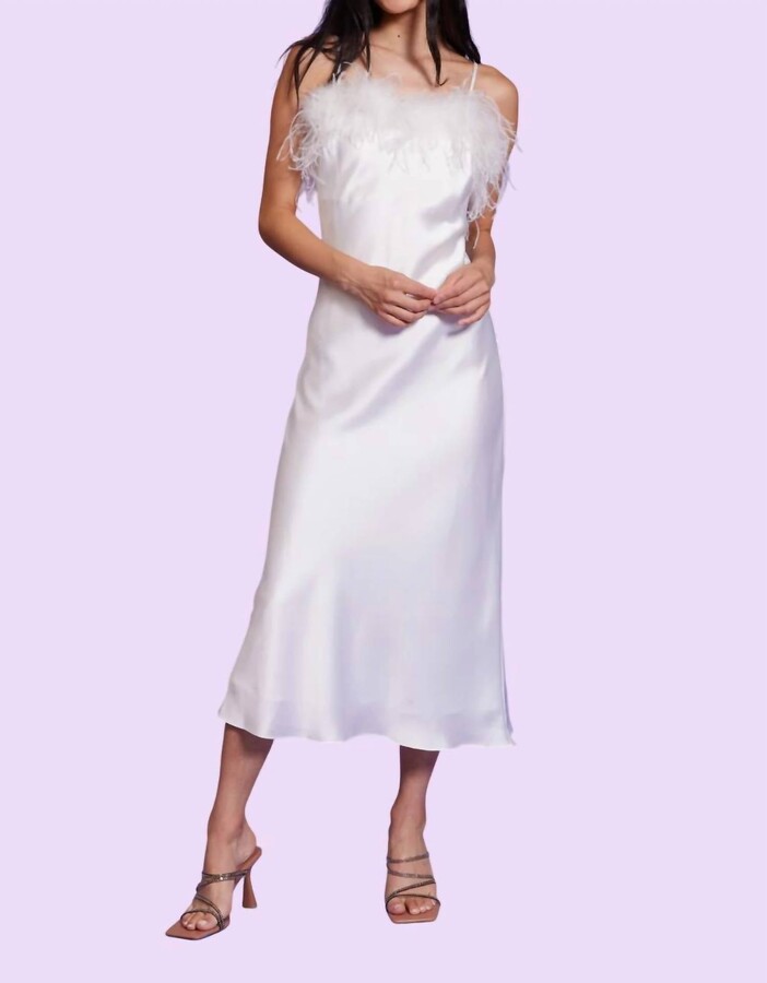 Flora Feather Trimmed Slip Midi Dress In White