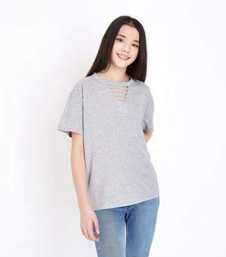 New Look Girls Grey Marl Ladder Front V Neck T-Shirt