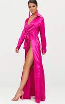 Thumbnail for your product : PrettyLittleThing Pink Satin Extreme Split Waist Tie Shirt Maxi Dress