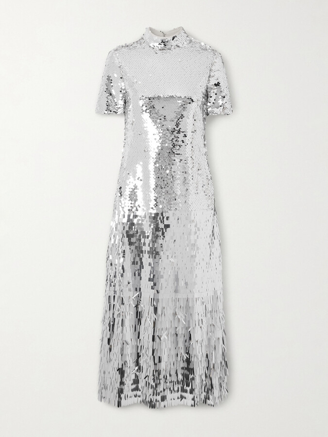Self-Portrait Fringed Sequined Tulle Midi Dress - Silver