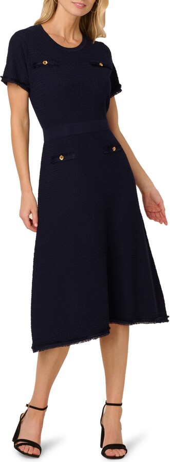 Short Sleeve Waffle Knit Midi Sweater Dress